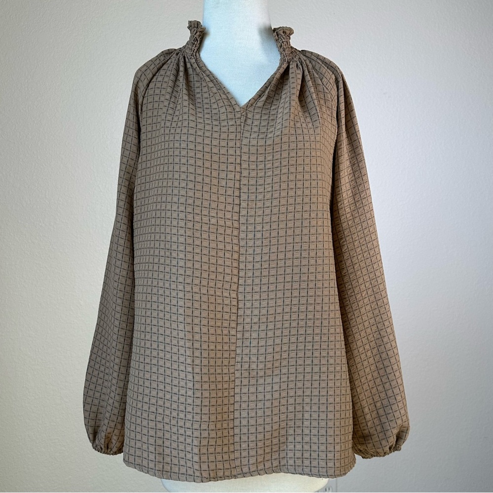 Bucket List Smocked Neck Puff Sleeve Grid Neutral Top
